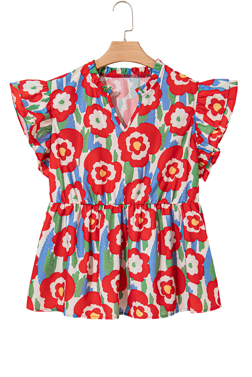 Red Plus Size Floral Print Ruffle Trim Split Neck Peplum Top