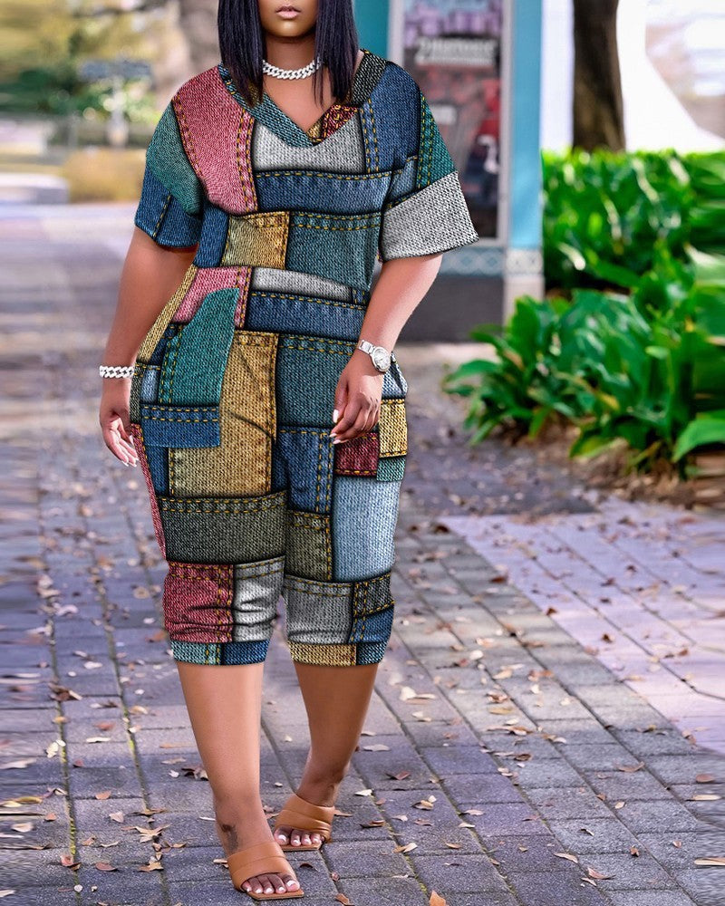 Summer Loose V-neck Stitching Patch Pocket Printed Jumpsuit