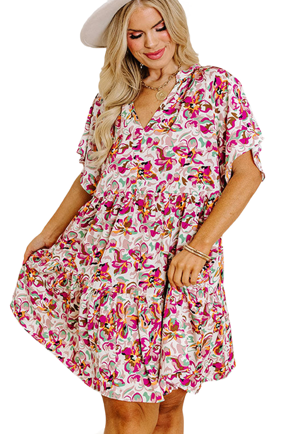 White Abstract Print V Neck Short Sleeve Ruffle Plus Size Mini Dress