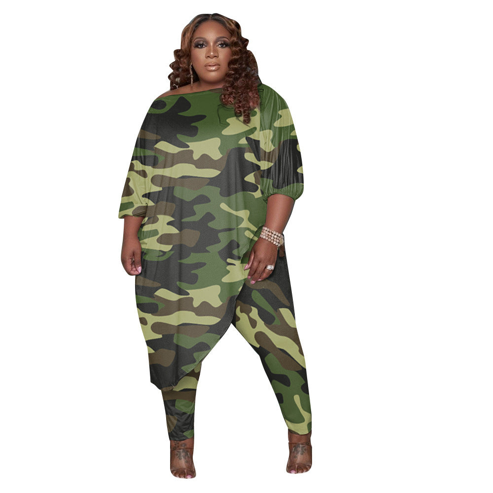 Women's Loose Camouflage Color Two-piece Set