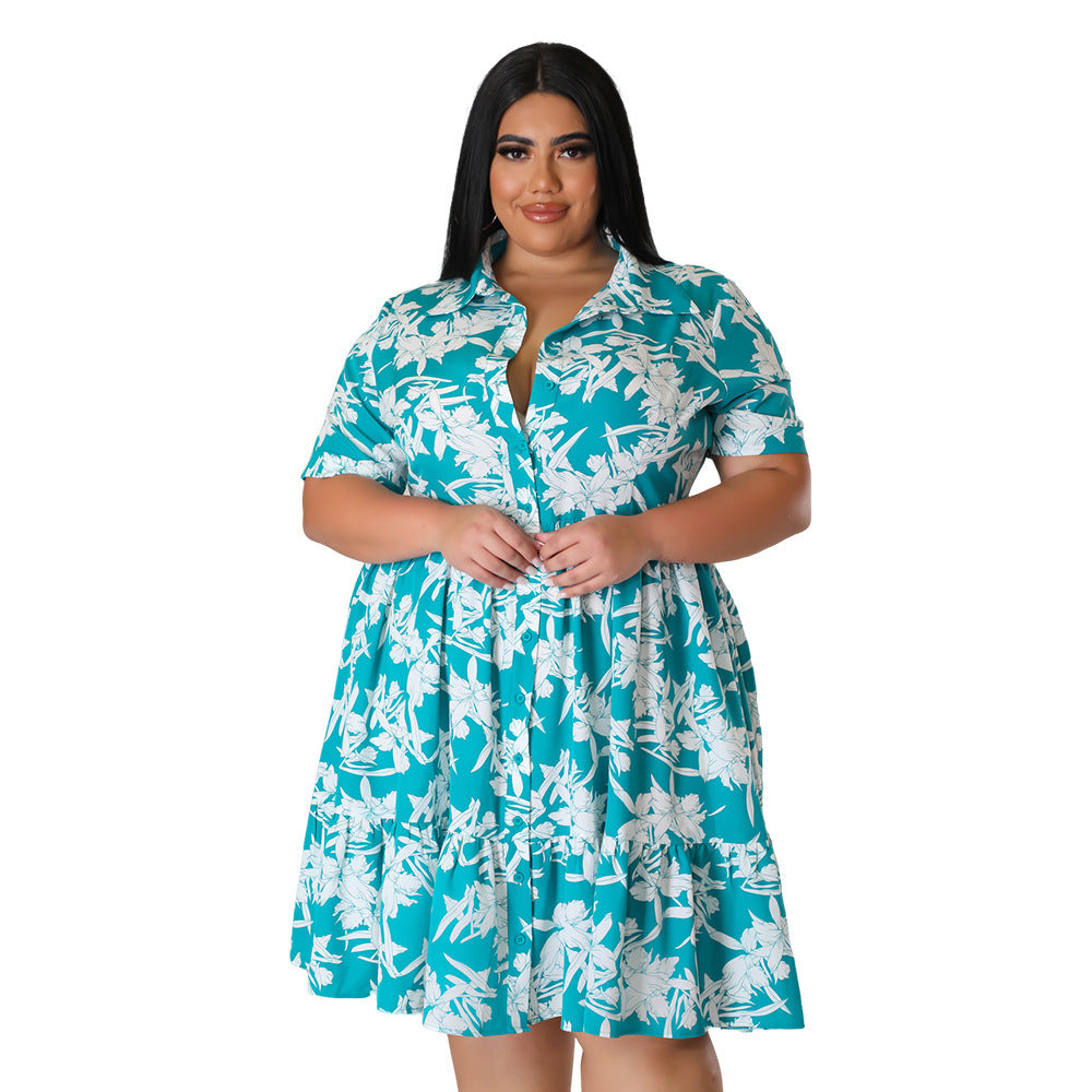 Women's Printed Short-sleeved Shirt Dress Button Casual
