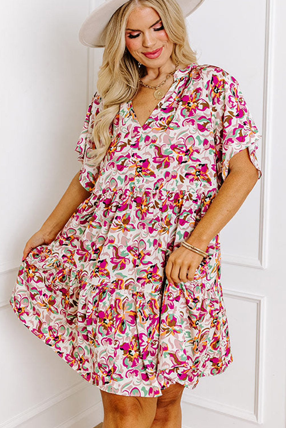 White Abstract Print V Neck Short Sleeve Ruffle Plus Size Mini Dress