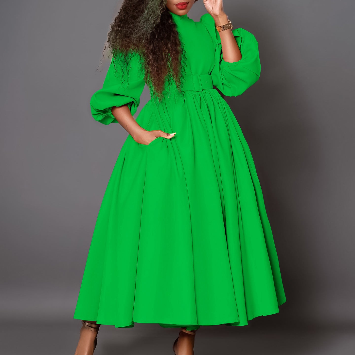 Women's Half Turtleneck 34 Sleeve Waist Dress