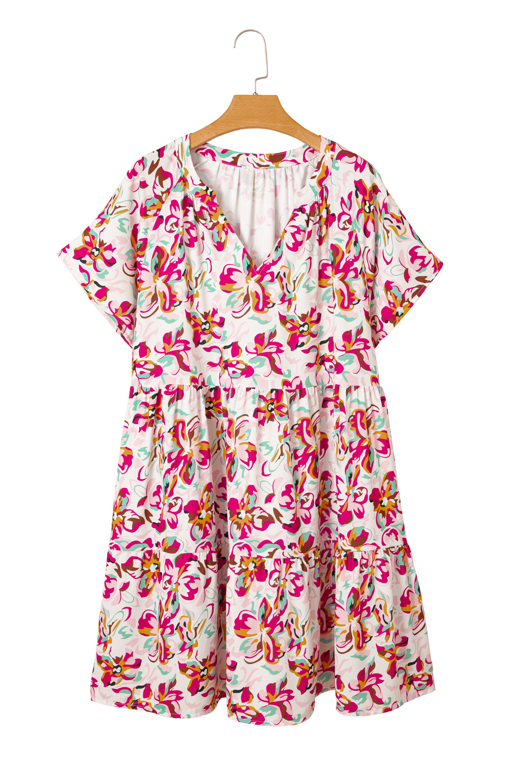 White Abstract Print V Neck Short Sleeve Ruffle Plus Size Mini Dress