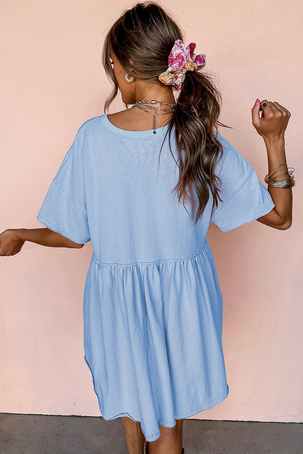 Light Pink Solid Color Pocket Raw Edge Babydoll Dress