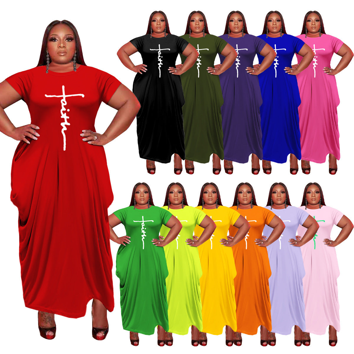 New Ladies Solid Color Round Neck Short Sleeve Irregular Hem Dress