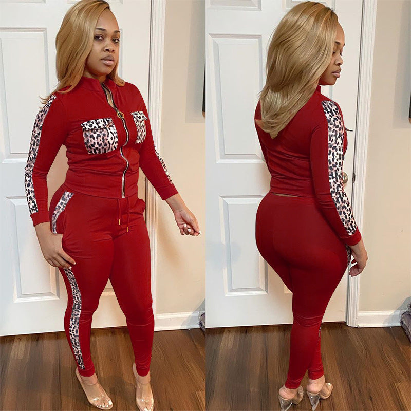 Leopard Ladies Plus Size Two Piece Set Girl Suit