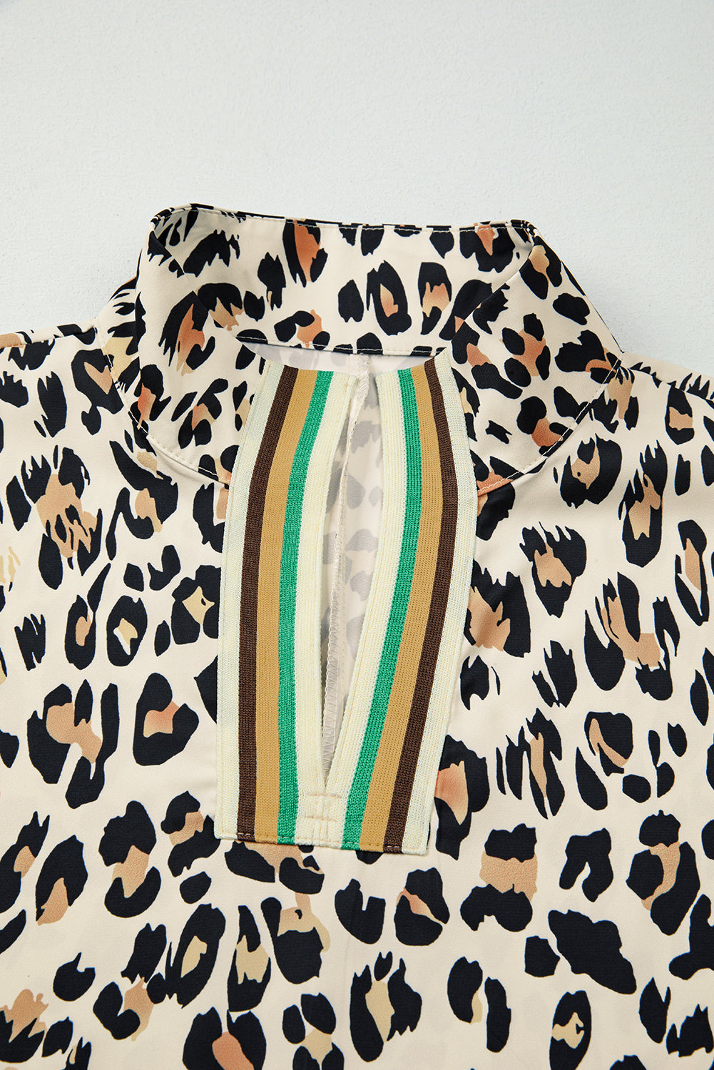 Khaki Pop of Color Neckline Loose Fit Leopard Print Blouse