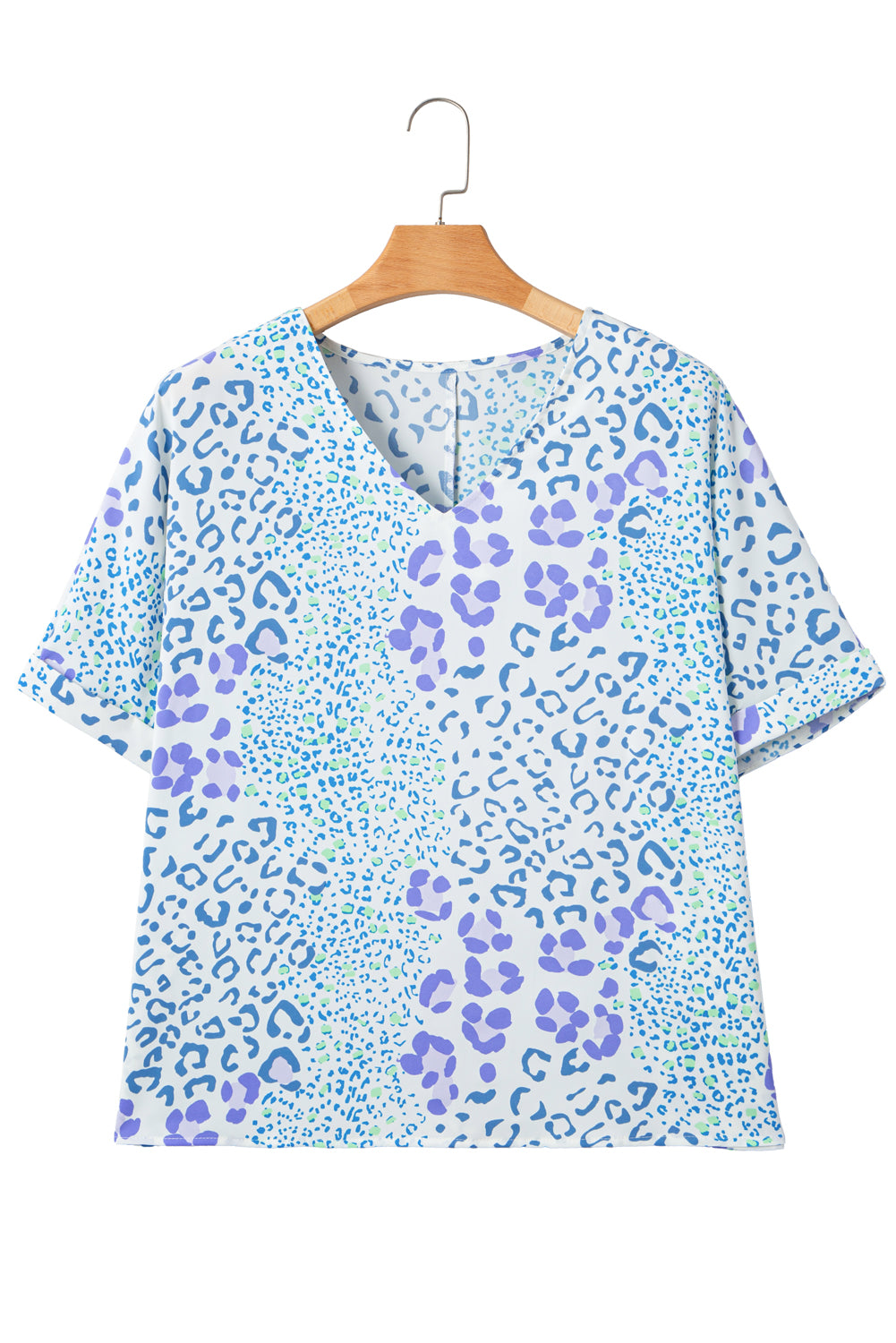 Sky Blue Leopard Print V Neck Short Sleeve Plus Size Top