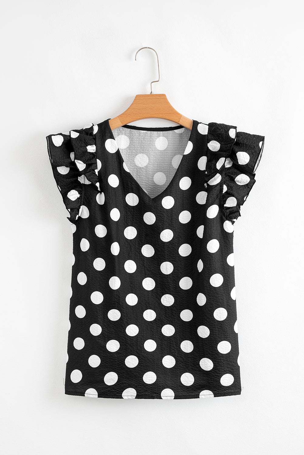 White Polka Dot Print V Neck Ruffle Blouse