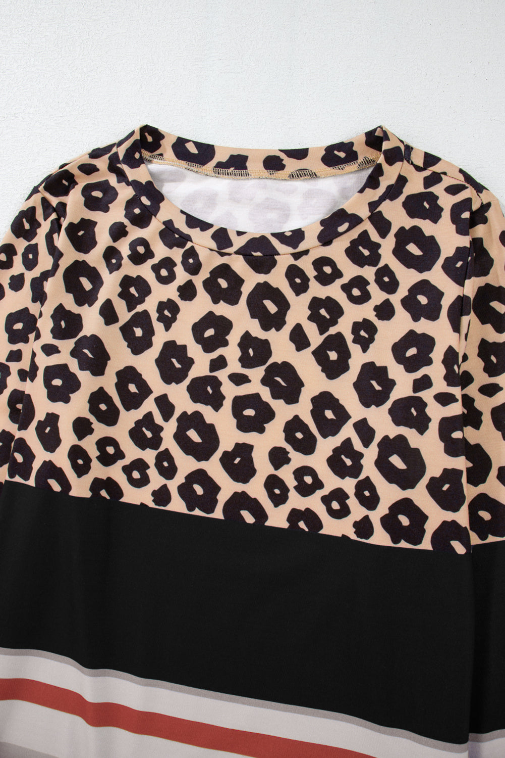 Khaki Leopard Striped Color Block Long Sleeve Top