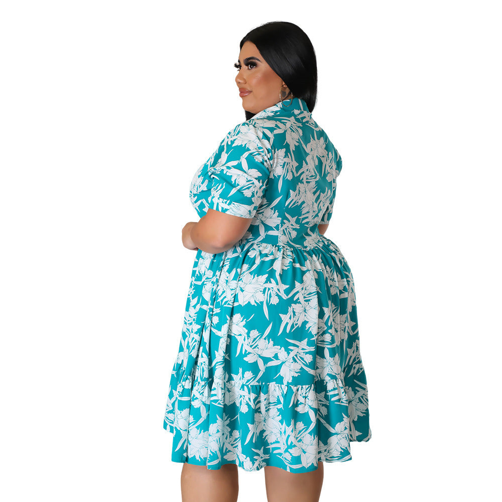 Women's Printed Short-sleeved Shirt Dress Button Casual