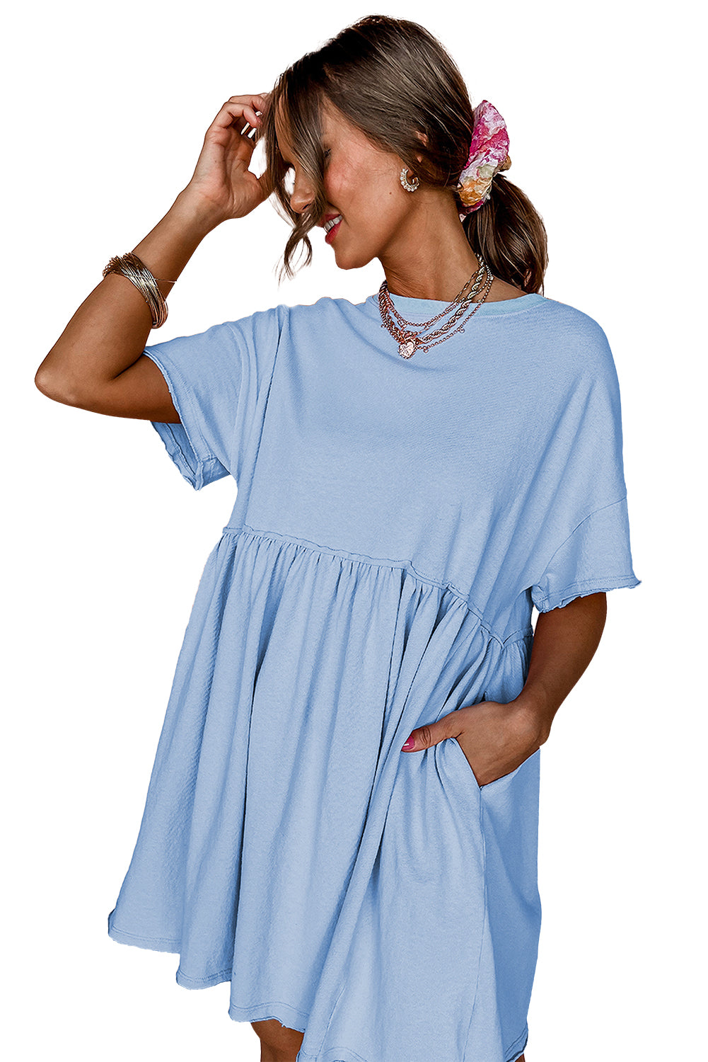Light Pink Solid Color Pocket Raw Edge Babydoll Dress