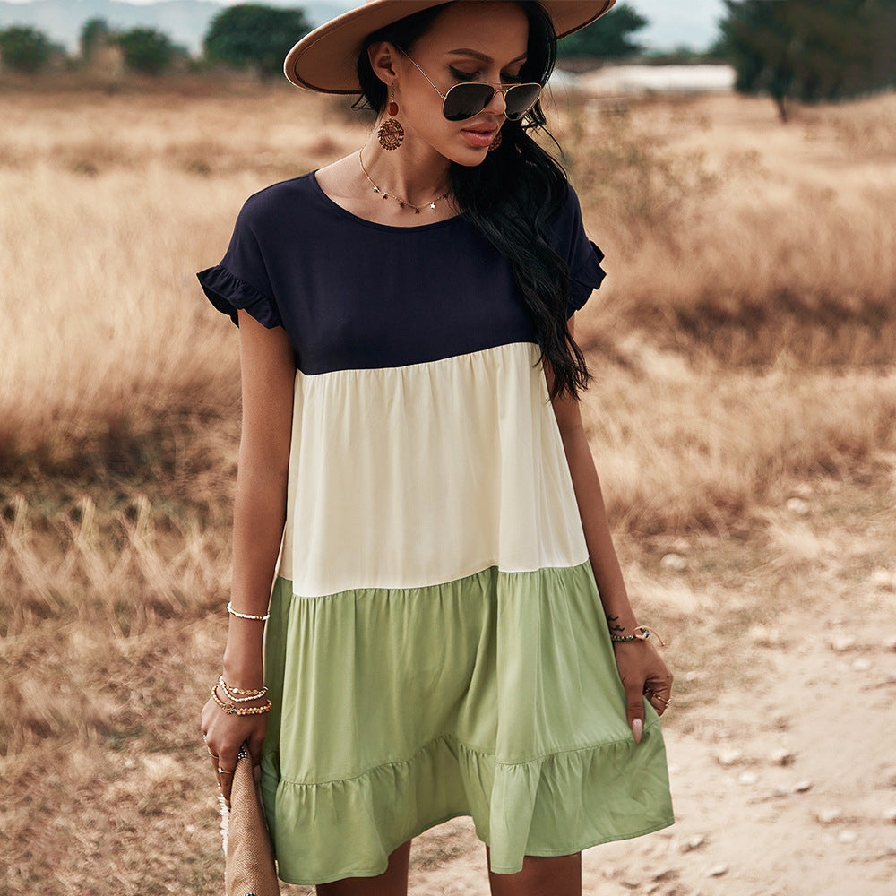 Short-Sleeved Stitching Contrast Color Loose Big Swing Dress