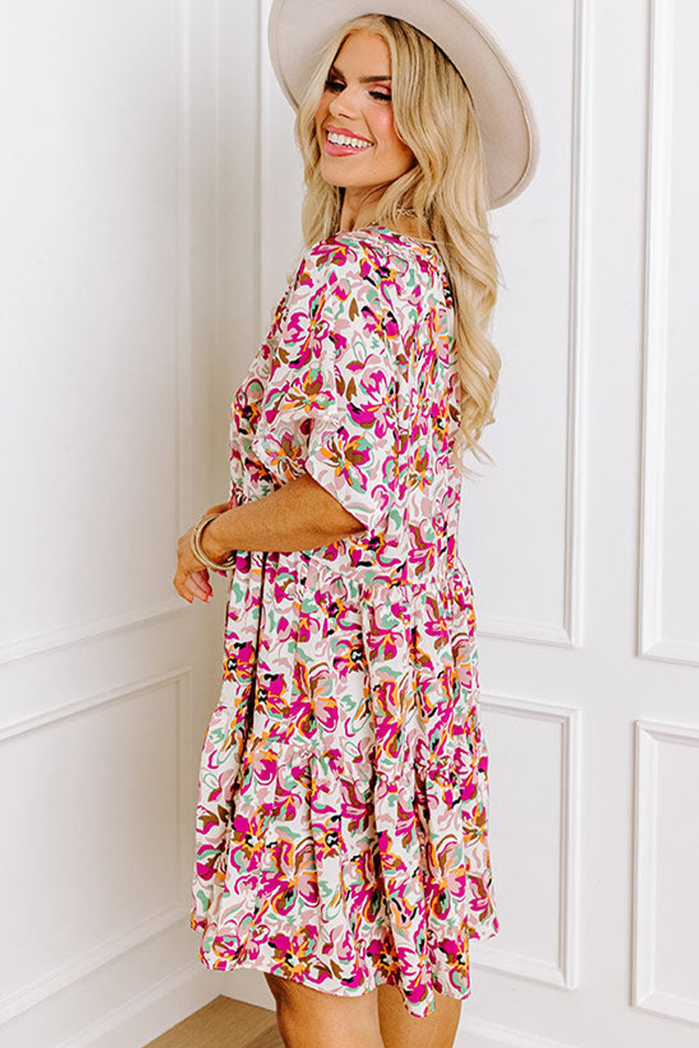 White Abstract Print V Neck Short Sleeve Ruffle Plus Size Mini Dress