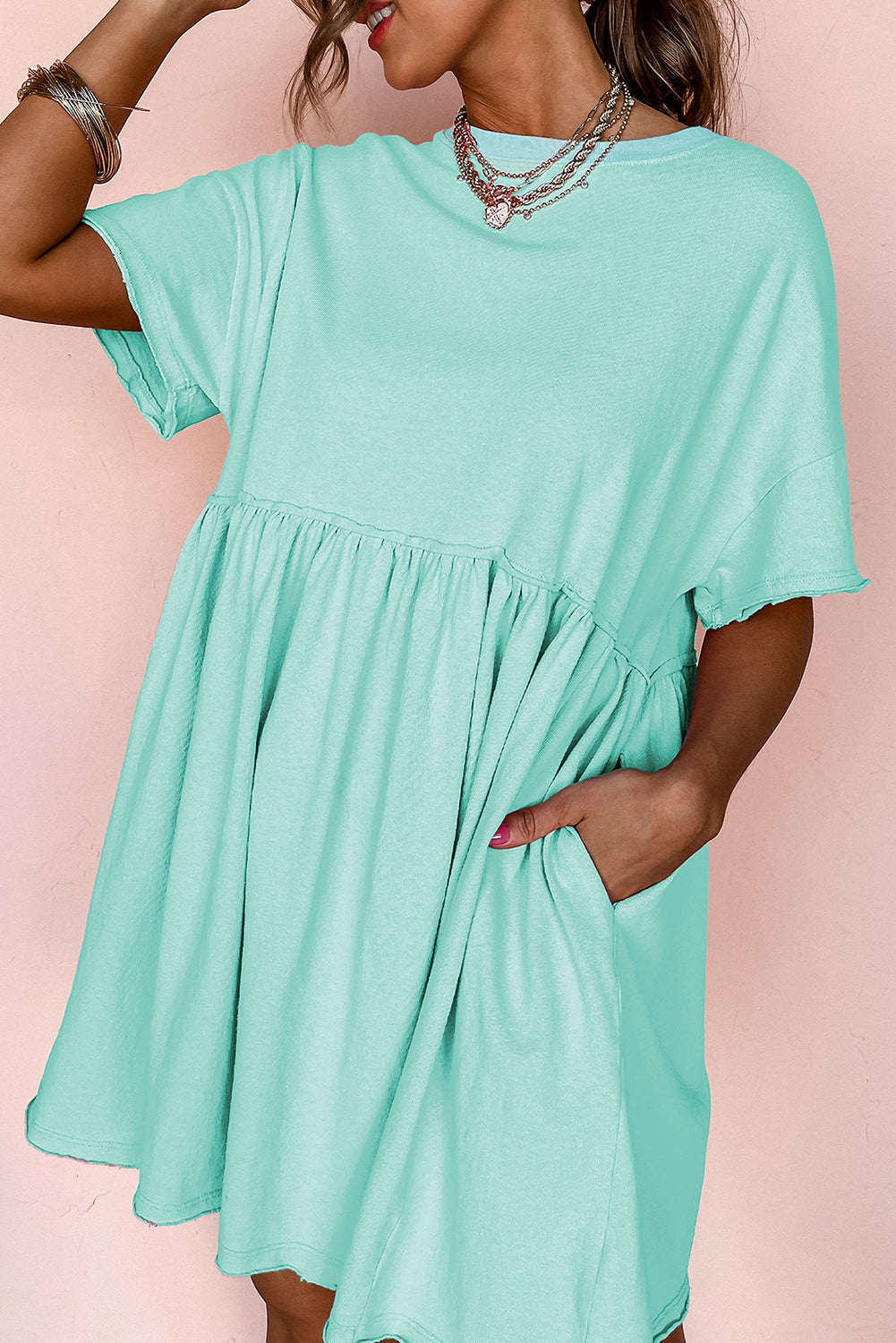 Light Pink Solid Color Pocket Raw Edge Babydoll Dress