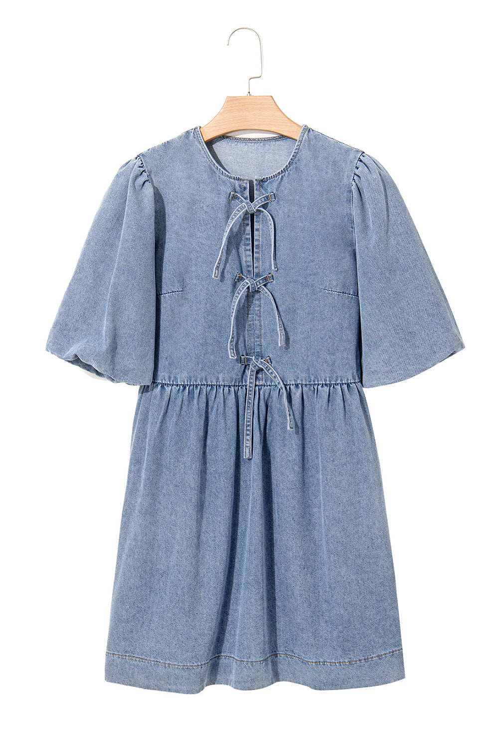Dusk Blue Bowknot Puff Sleeve Denim Dress
