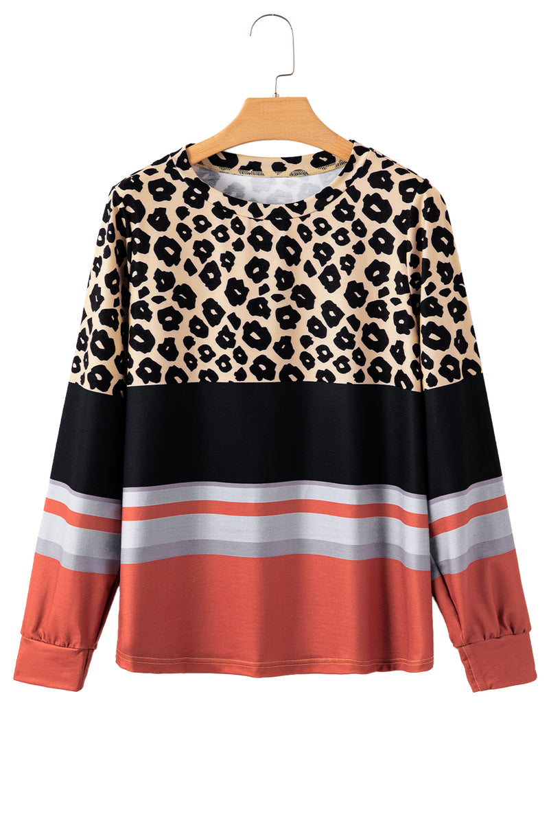 Khaki Leopard Striped Color Block Long Sleeve Top