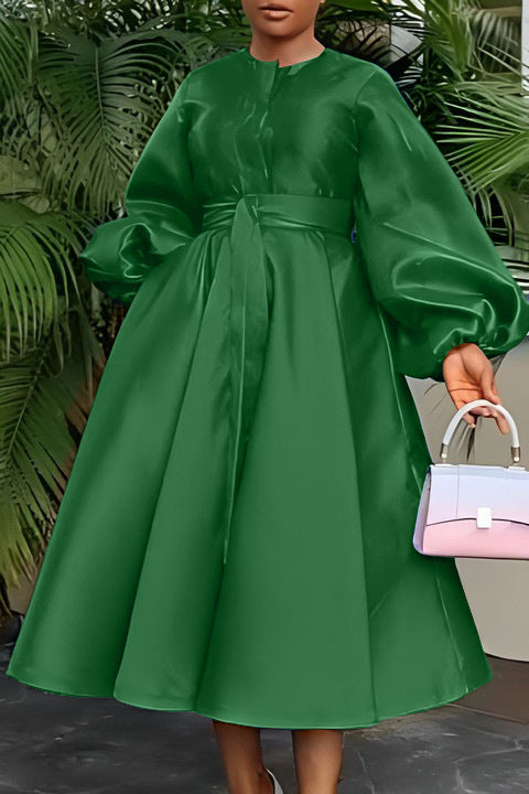 Women's Solid Color Glossy Loose Button Lantern Sleeve Dress