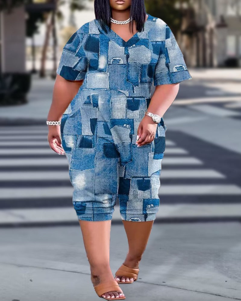 Summer Loose V-neck Stitching Patch Pocket Printed Jumpsuit