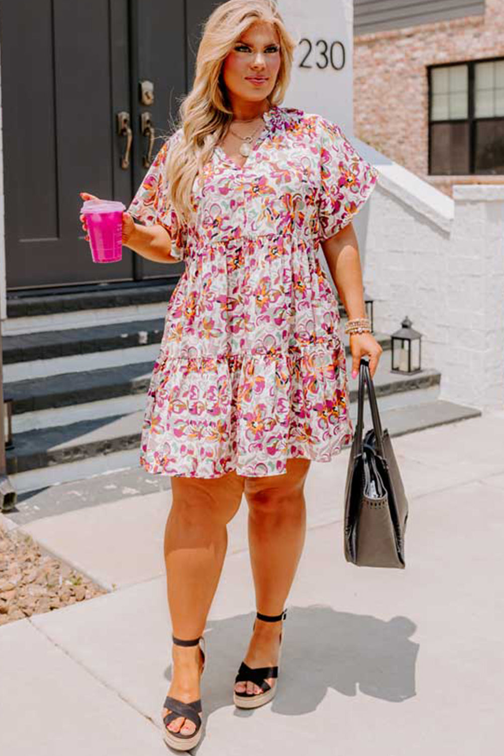 White Abstract Print V Neck Short Sleeve Ruffle Plus Size Mini Dress