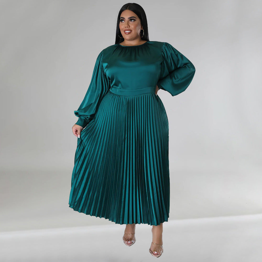 Pleated Round-neck Long Dress Women