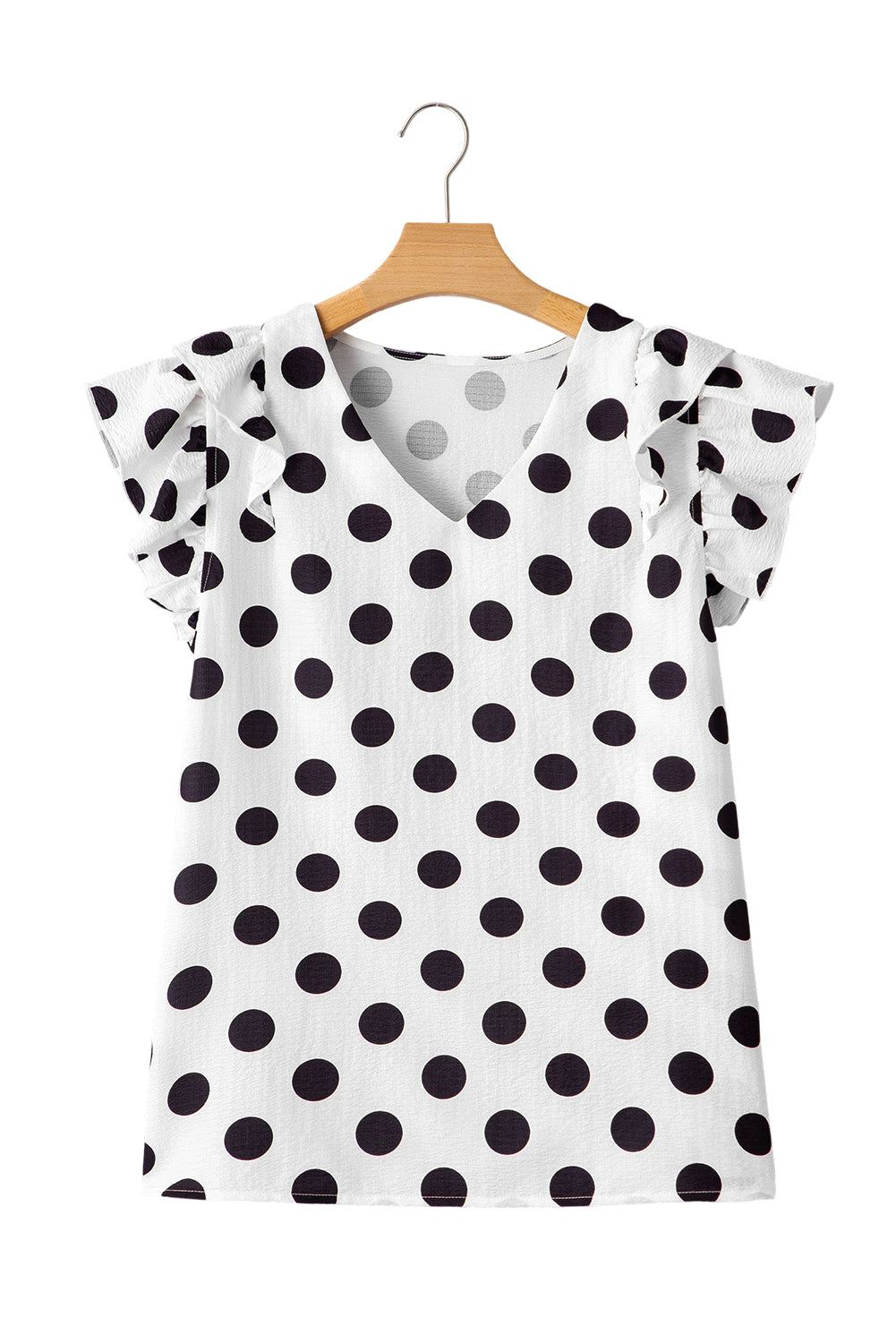 White Polka Dot Print V Neck Ruffle Blouse