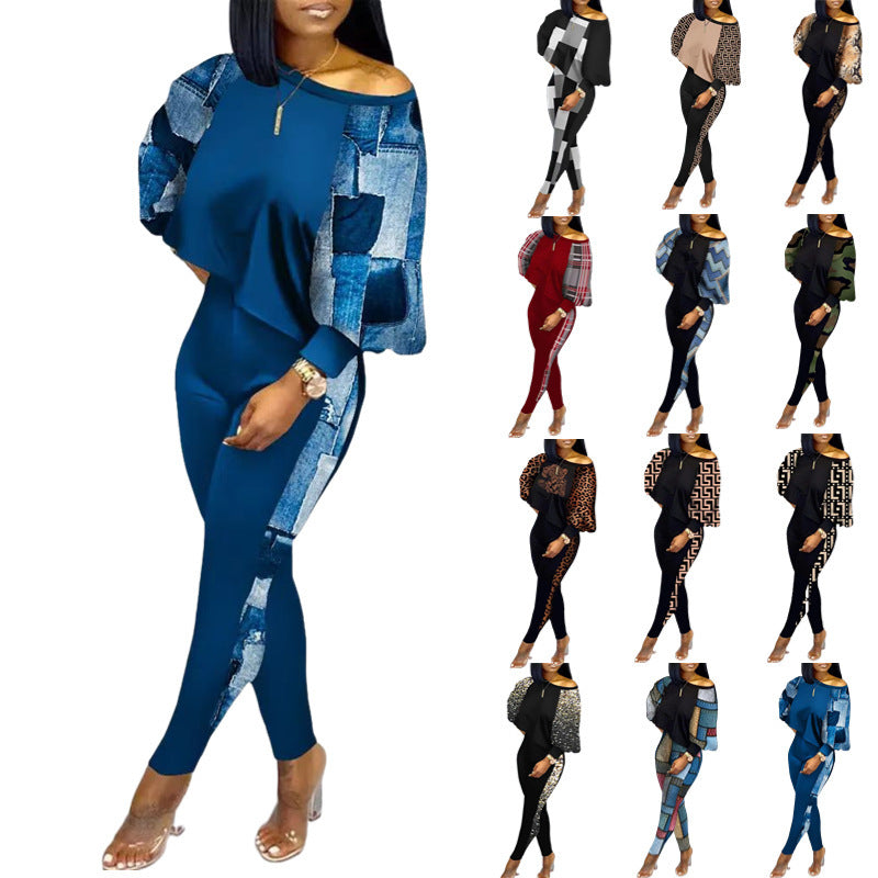Women's Long-sleeved Crew Neck Off-shoulder Casual Suit