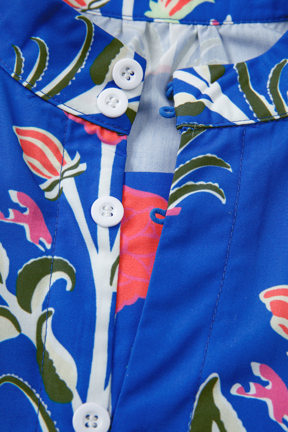 Blue Floral Print Button Front 3/4 Puff Sleeve Ruffle Hem Dress
