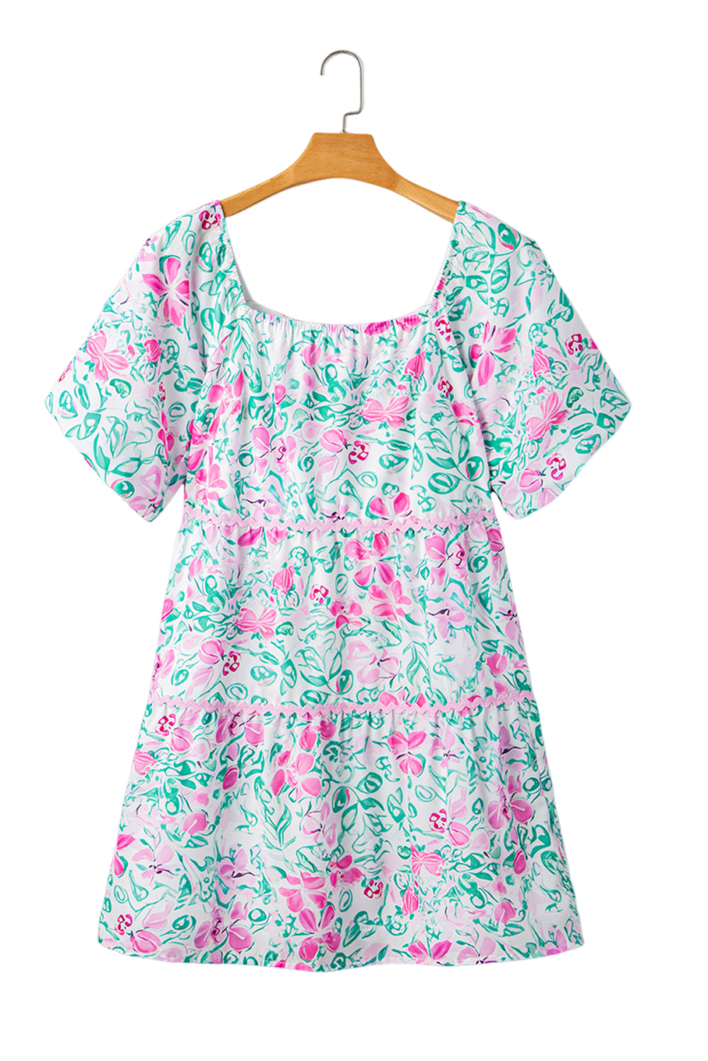 White Floral Print Ric-rac Trim Square Neck Plus Size Mini Dress