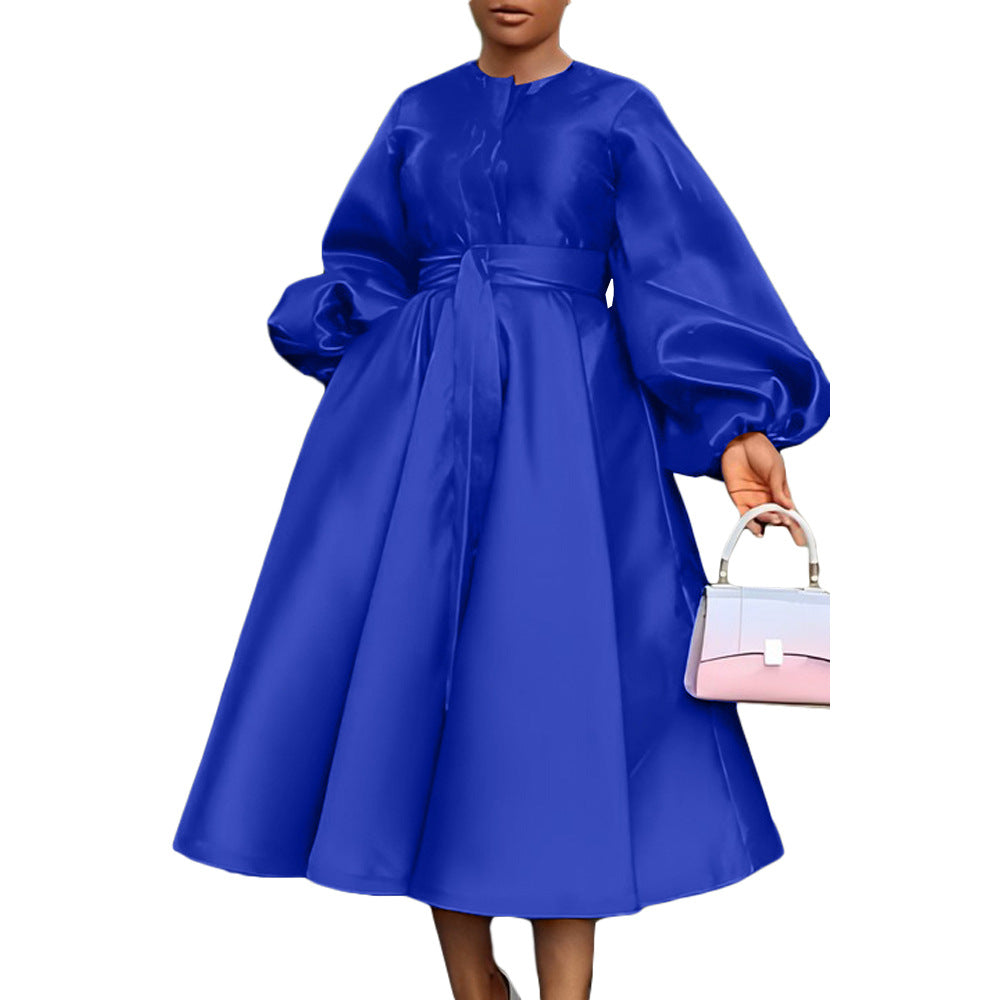 Women's Solid Color Glossy Loose Button Lantern Sleeve Dress