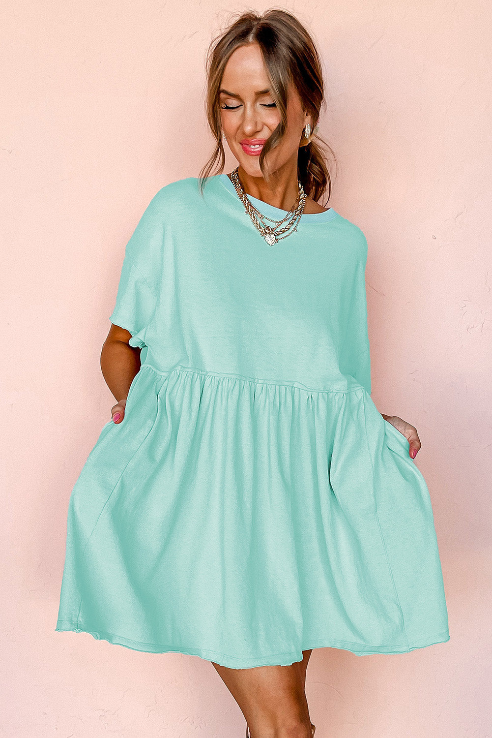 Light Pink Solid Color Pocket Raw Edge Babydoll Dress